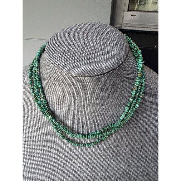Three-Strand Turquoise Chip Necklace With Silver Clasp - Picture 1 of 6